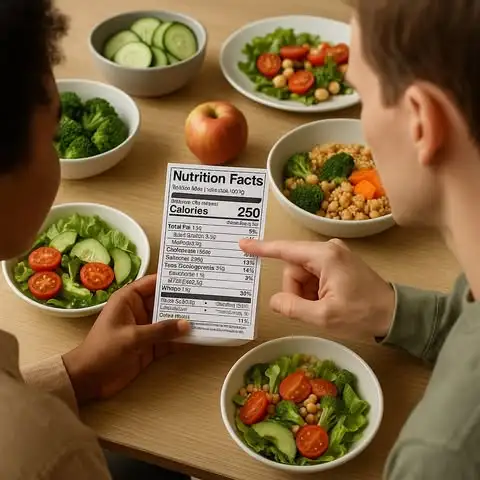 Two people reading a food label showing calories and nutrients on a healthy meal table